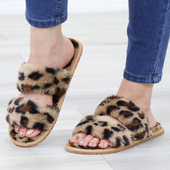 Shoes - Leopard Tan Puff Fuzzy Fluffy Slip On Plush Slippers Double Strap